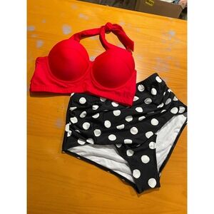 NEW Women L Retro Polka High Waist Underwire Bikini Cherry Cat Swimsuit Push Up